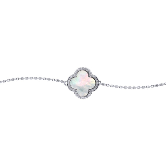 Silver Clover Mother of Pearl CZ Halo Lucky Charm Bracelet 7-8.5" - ABB242