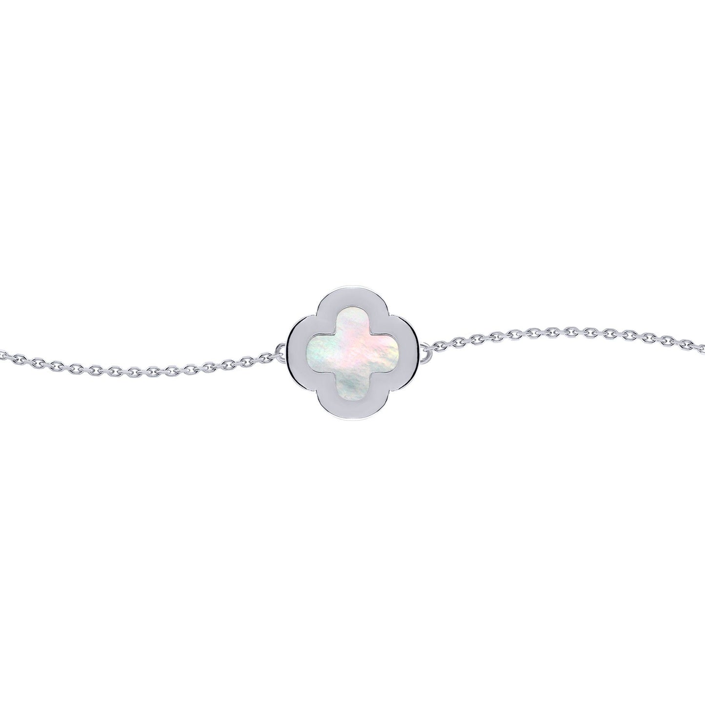 Silver  Clover Mother of Pearl CZ Halo Lucky Charm Bracelet 7-8.5" - ABB242