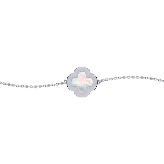 Silver  Clover Mother of Pearl CZ Halo Lucky Charm Bracelet 7-8.5" - ABB242