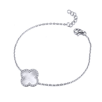 Silver  Clover Mother of Pearl CZ Halo Lucky Charm Bracelet 7-8.5" - ABB242