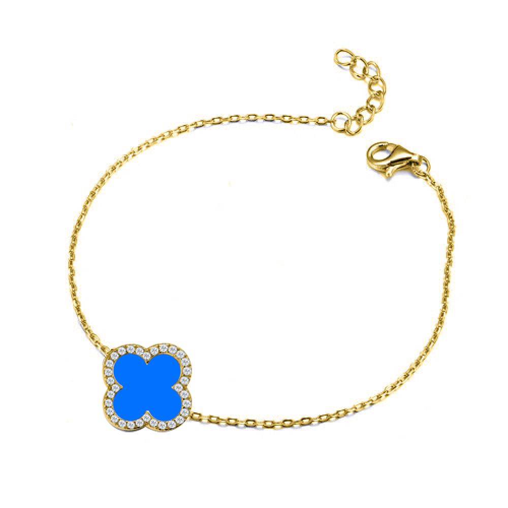 Gold-plated Silver  Blue Clover Agate CZ Charm Bracelet 7-8.5" - ABB243-GP