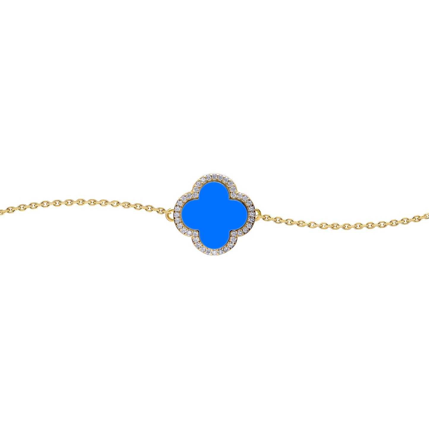 Gold-plated Silver  Blue Clover Agate CZ Charm Bracelet 7-8.5" - ABB243-GP