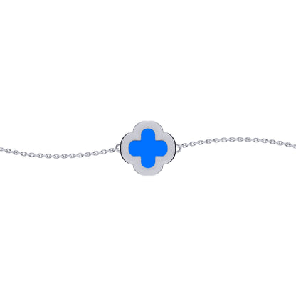 Silver  Blue Clover Agate CZ Halo Lucky Charm Bracelet 7-8.5" - ABB243