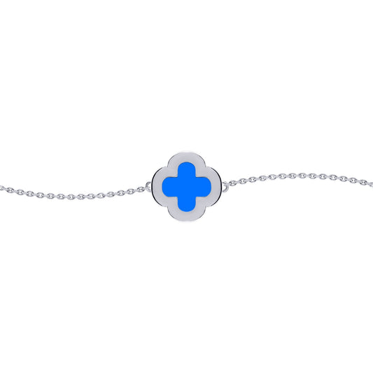 Silver  Blue Clover Agate CZ Halo Lucky Charm Bracelet 7-8.5" - ABB243