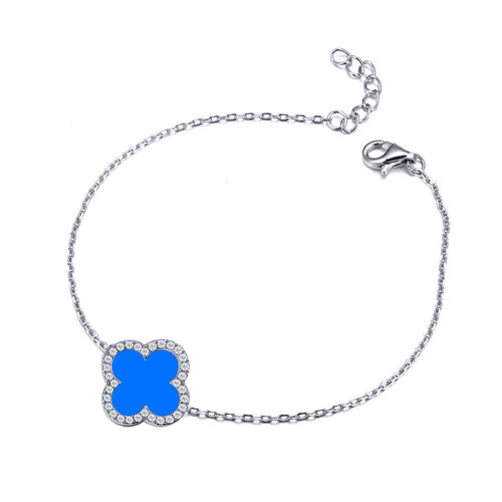 Silver  Blue Clover Agate CZ Halo Lucky Charm Bracelet 7-8.5" - ABB243