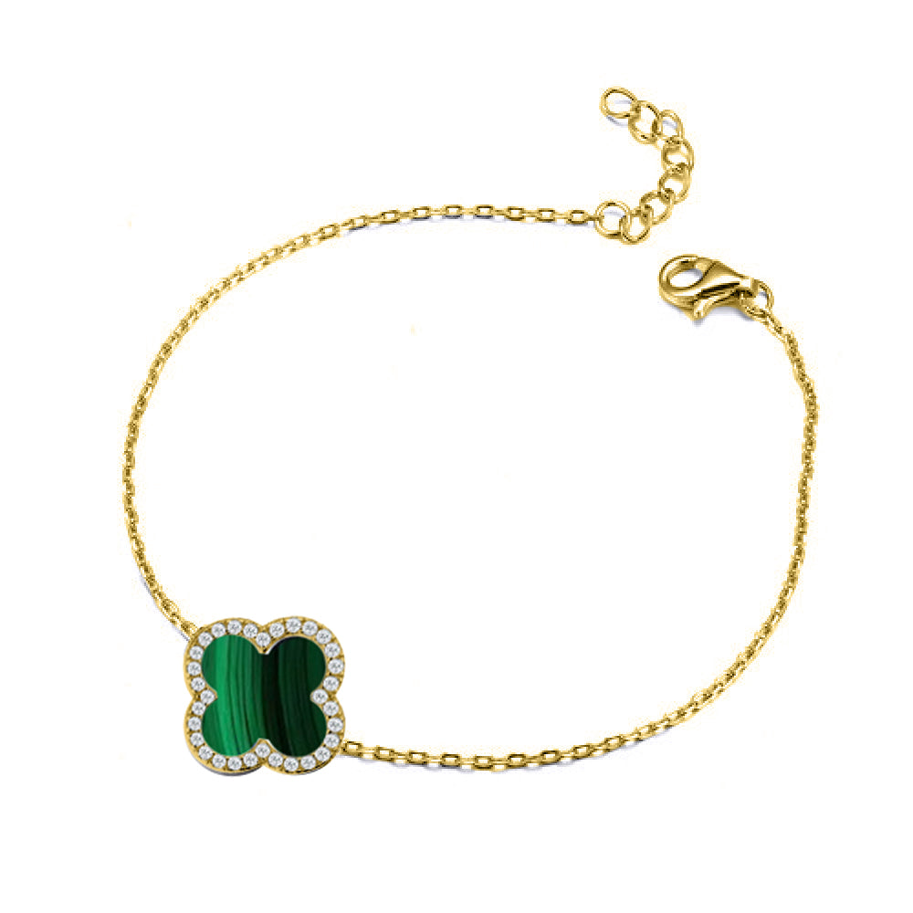 Gold-plated Silver  Clover Malachite CZ Charm Bracelet 7-8.5" - ABB244-GP