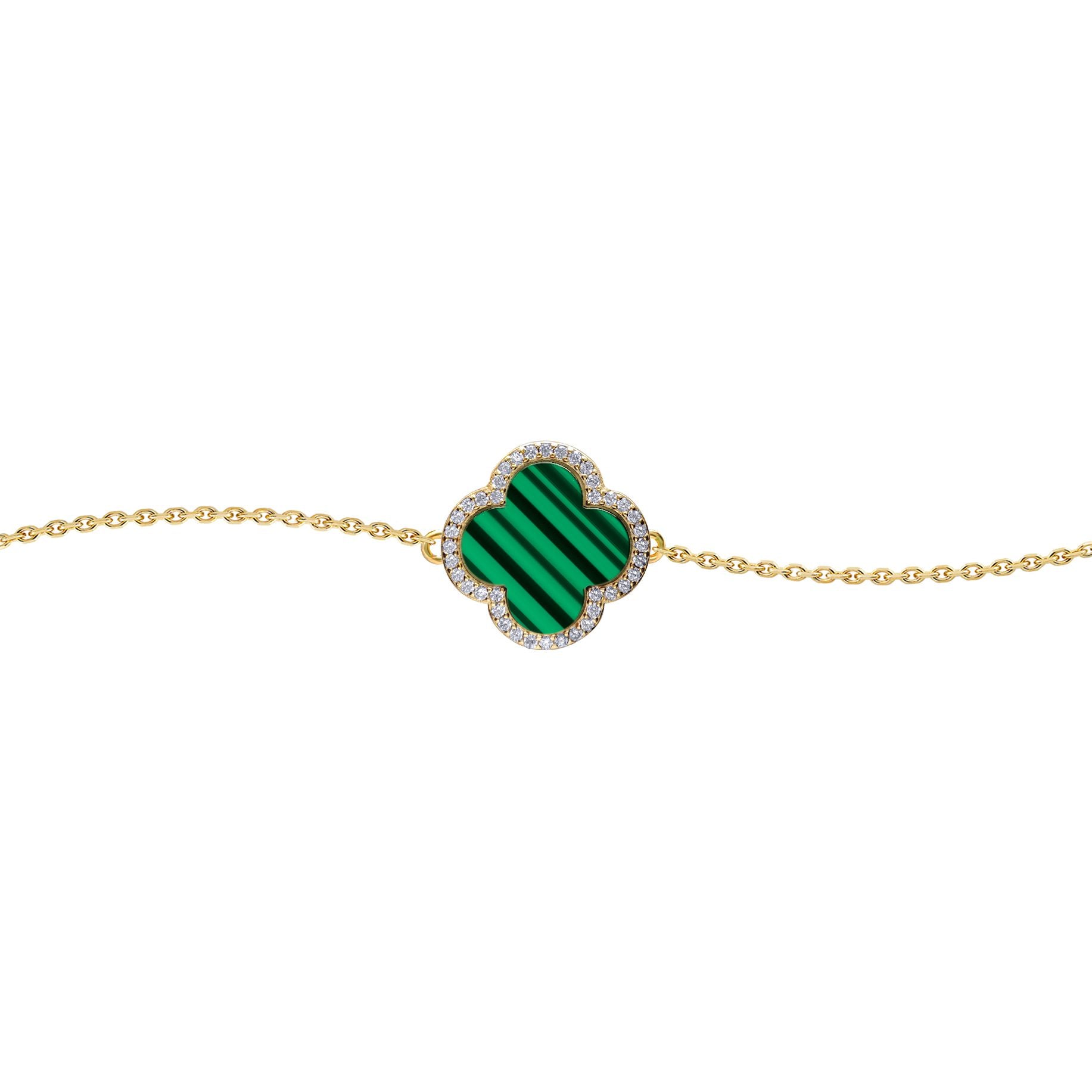 Gold-plated Silver  Clover Malachite CZ Charm Bracelet 7-8.5" - ABB244-GP