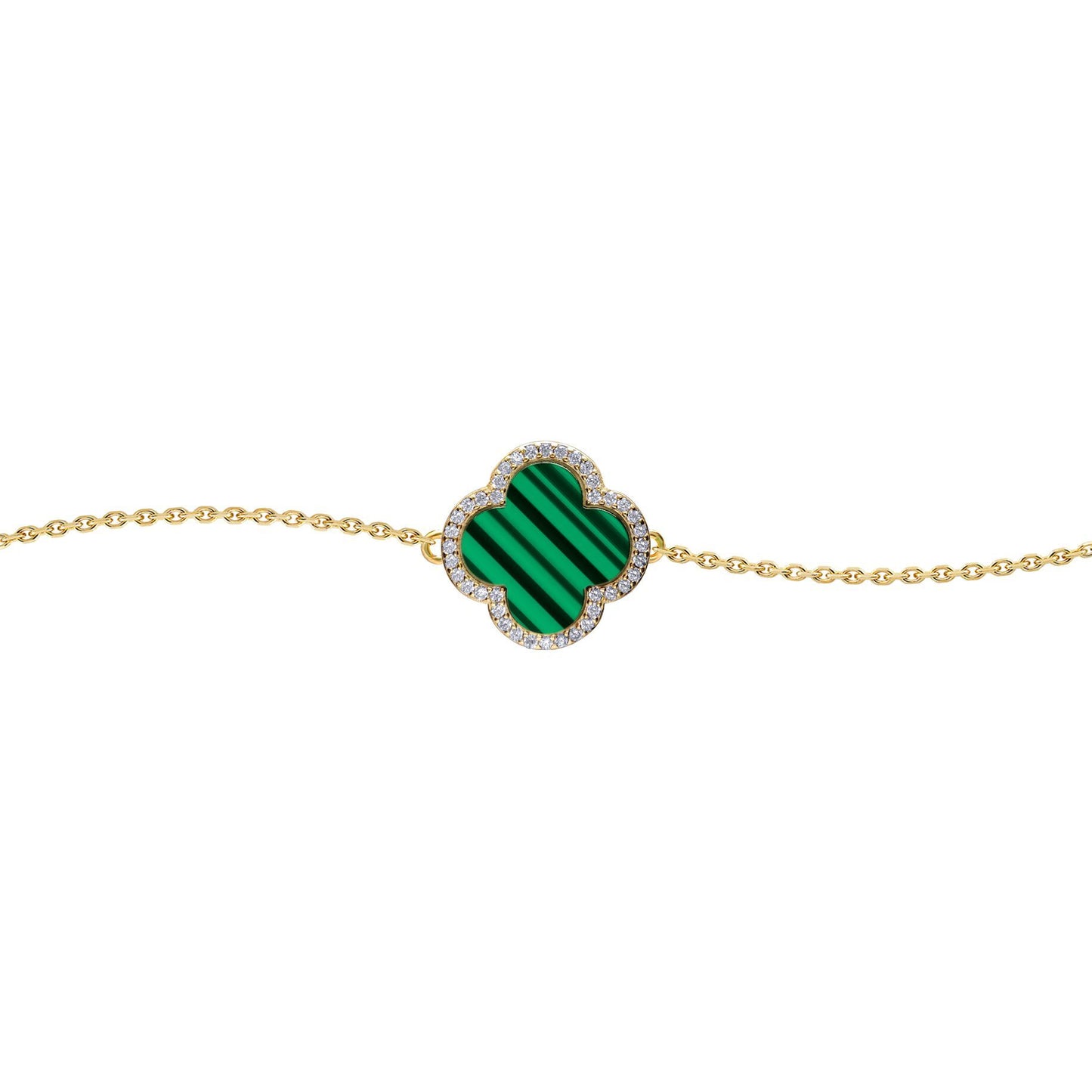 Gold-plated Silver  Clover Malachite CZ Charm Bracelet 7-8.5" - ABB244-GP