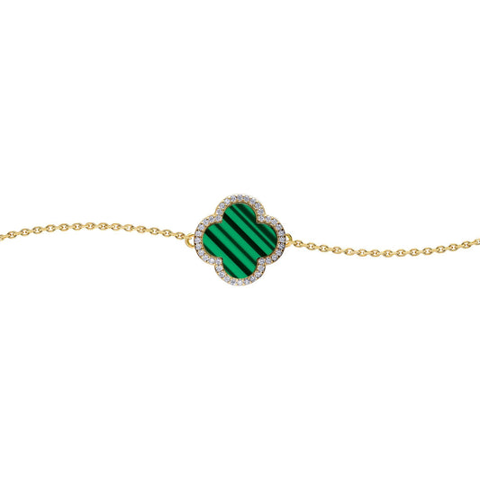Gold-plated Silver  Clover Malachite CZ Charm Bracelet 7-8.5" - ABB244-GP
