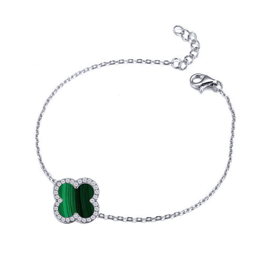 Silver  Clover Malachite CZ Halo Lucky Charm Bracelet 7-8.5" - ABB244