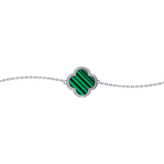 Silver Clover Malachite CZ Halo Lucky Charm Bracelet 7-8.5" - ABB244