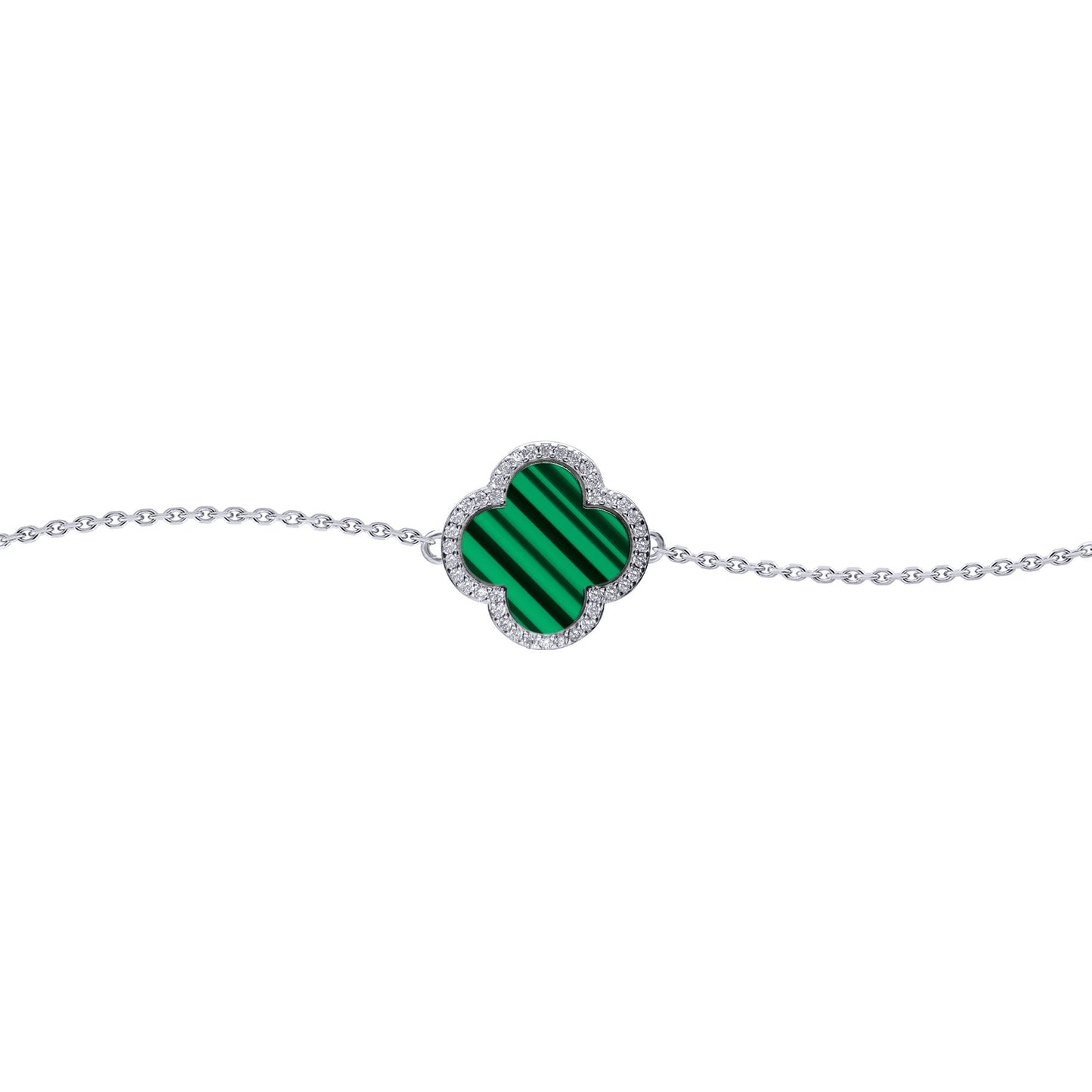 Silver  Clover Malachite CZ Halo Lucky Charm Bracelet 7-8.5" - ABB244