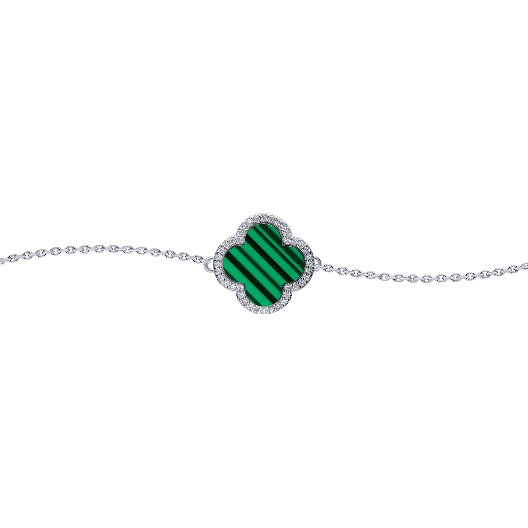 Silver  Clover Malachite CZ Halo Lucky Charm Bracelet 7-8.5" - ABB244