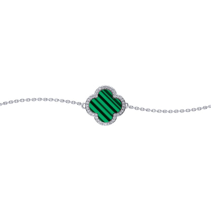 Silver  Clover Malachite CZ Halo Lucky Charm Bracelet 7-8.5" - ABB244
