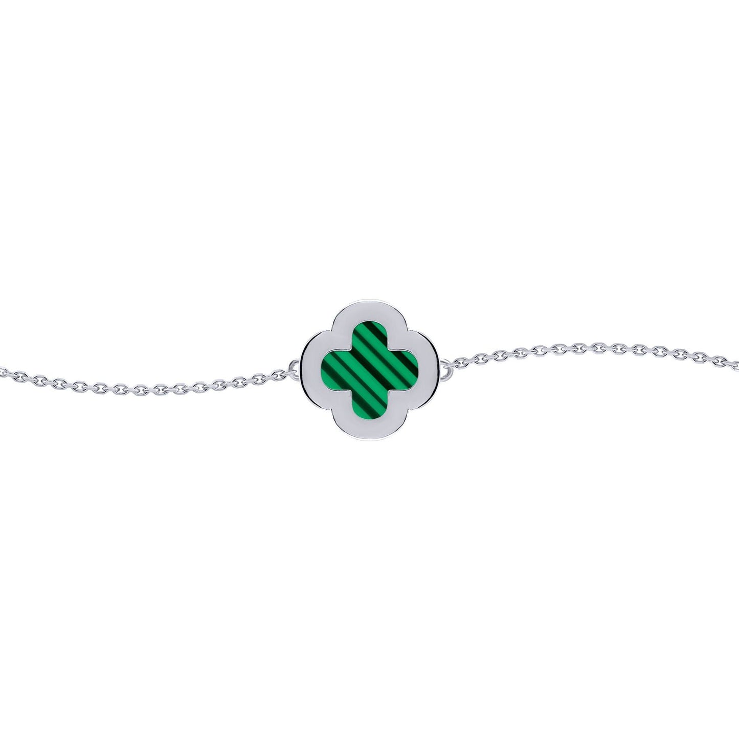 Silver  Clover Malachite CZ Halo Lucky Charm Bracelet 7-8.5" - ABB244