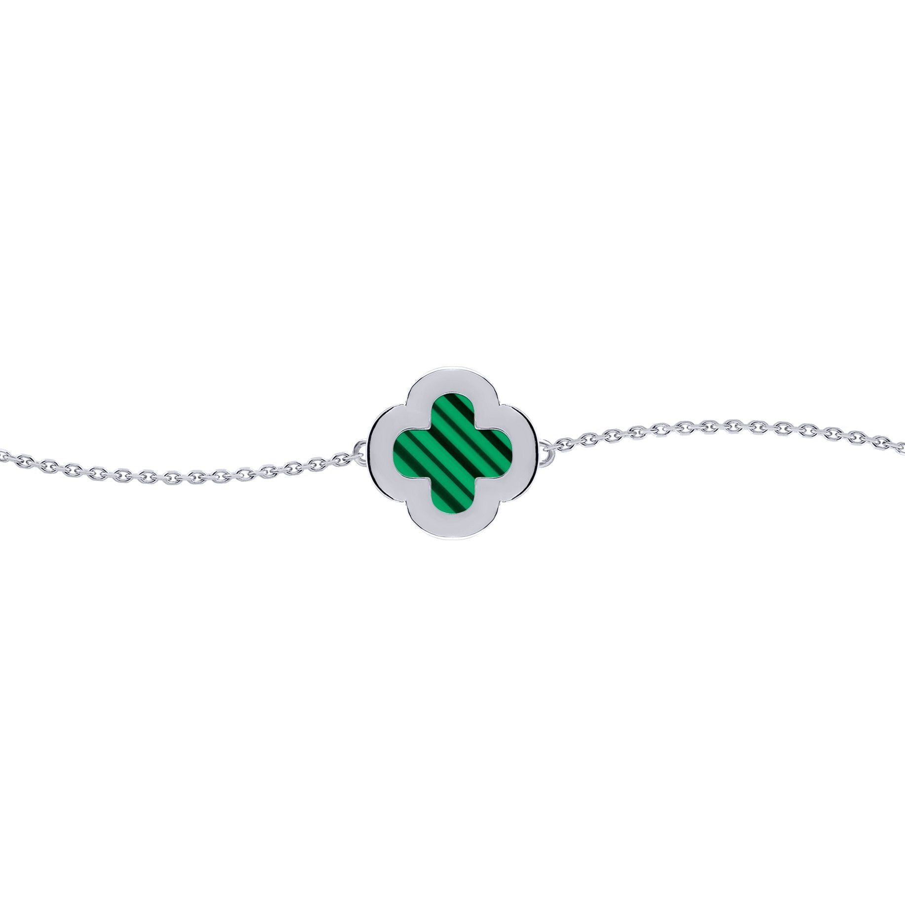 Silver  Clover Malachite CZ Halo Lucky Charm Bracelet 7-8.5" - ABB244