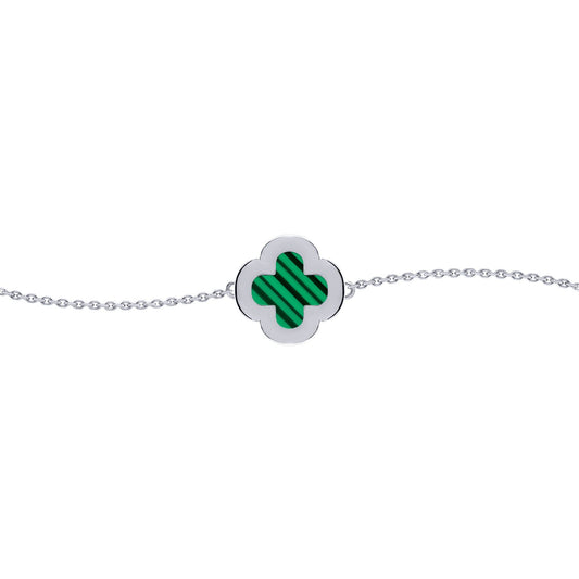 Silver  Clover Malachite CZ Halo Lucky Charm Bracelet 7-8.5" - ABB244
