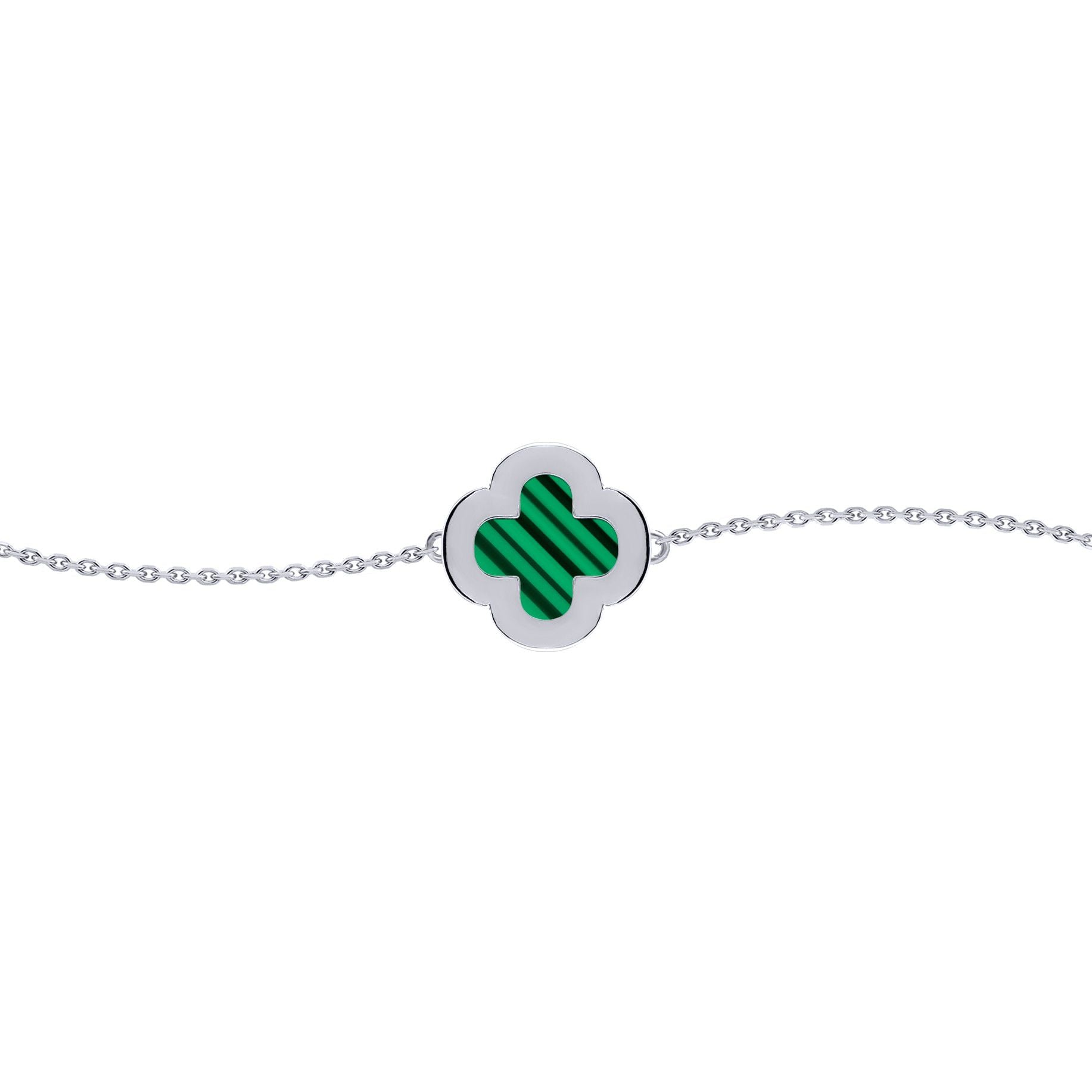 Silver  Clover Malachite CZ Halo Lucky Charm Bracelet 7-8.5" - ABB244
