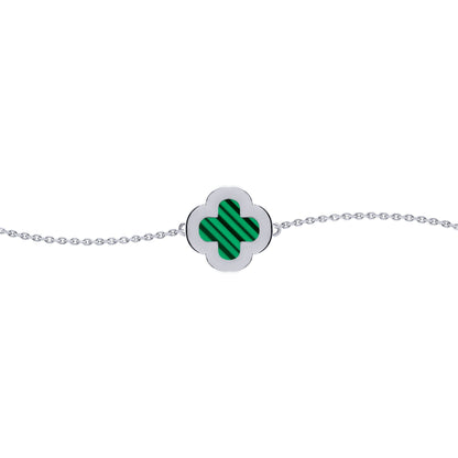Silver  Clover Malachite CZ Halo Lucky Charm Bracelet 7-8.5" - ABB244