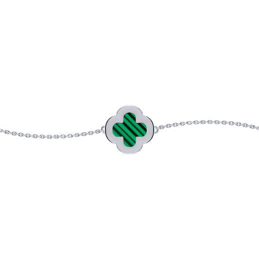Silver  Clover Malachite CZ Halo Lucky Charm Bracelet 7-8.5" - ABB244