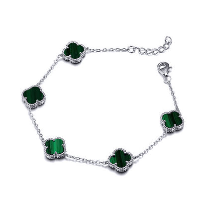 Silver  Clover Malachite Lucky Charm 5 Bracelet 7-8.5" - ABB248