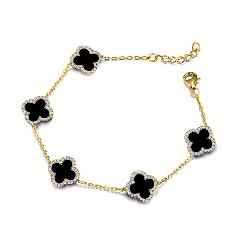 Gold-plated Silver  Clover Onyx CZ Lucky Charm 5 Bracelet 7-8.5" - ABB249-GP