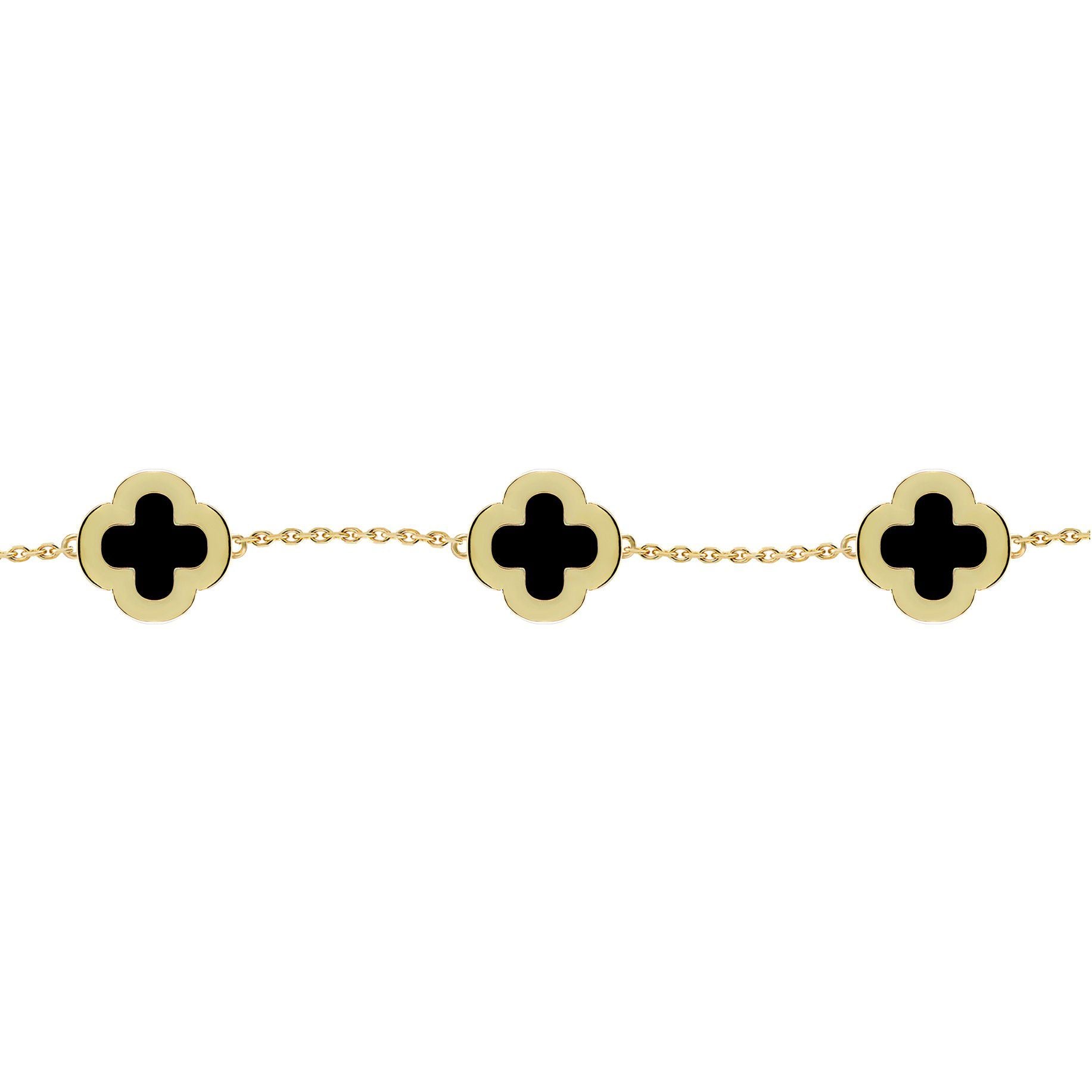 Gold-plated Silver  Clover Onyx CZ Lucky Charm 5 Bracelet 7-8.5" - ABB249-GP
