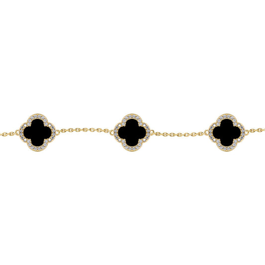 Gold-plated Silver  Clover Onyx CZ Lucky Charm 5 Bracelet 7-8.5" - ABB249-GP