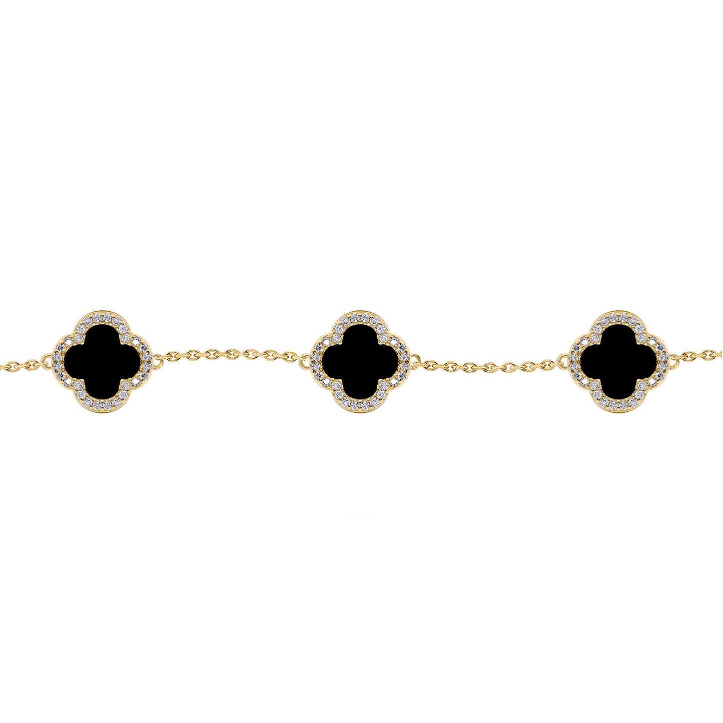 Gold-plated Silver  Clover Onyx CZ Lucky Charm 5 Bracelet 7-8.5" - ABB249-GP