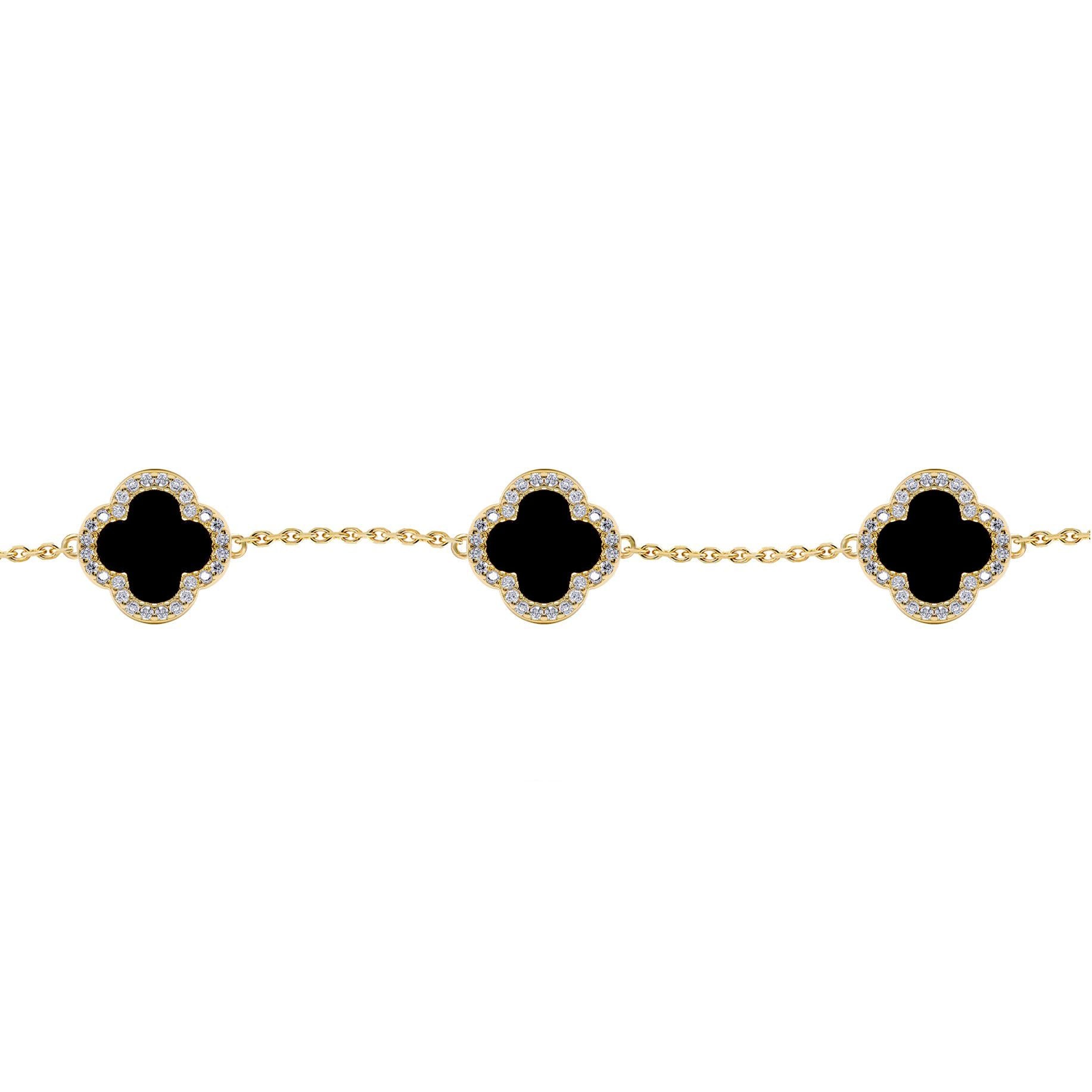 Gold-plated Silver  Clover Onyx CZ Lucky Charm 5 Bracelet 7-8.5" - ABB249-GP