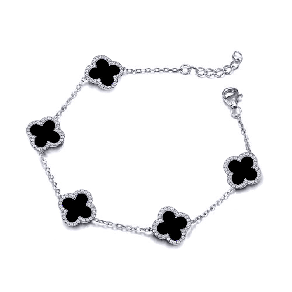 Silver  Clover Onyx CZ Halo Lucky Charm 5 Bracelet 7-8.5" - ABB249