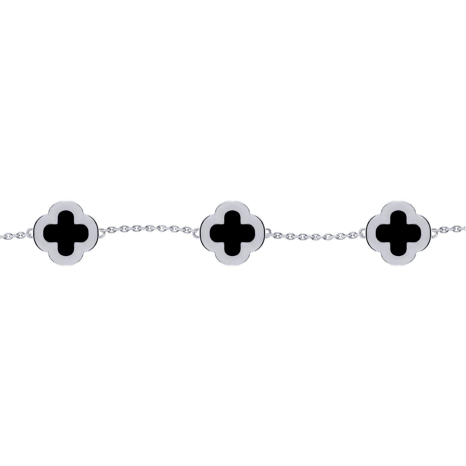 Silver  Clover Onyx CZ Halo Lucky Charm 5 Bracelet 7-8.5" - ABB249