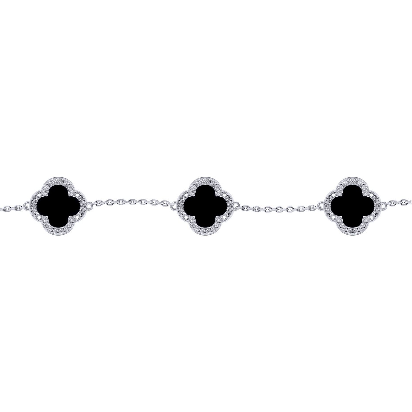 Silver  Clover Onyx CZ Halo Lucky Charm 5 Bracelet 7-8.5" - ABB249