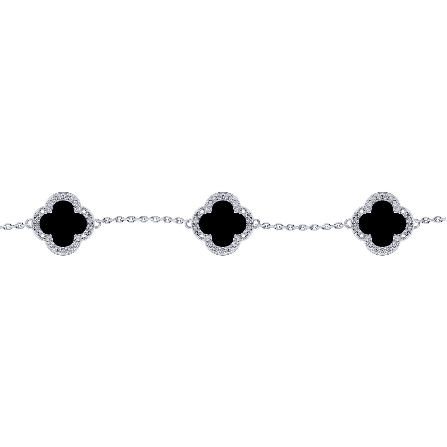 Silver  Clover Onyx CZ Halo Lucky Charm 5 Bracelet 7-8.5" - ABB249
