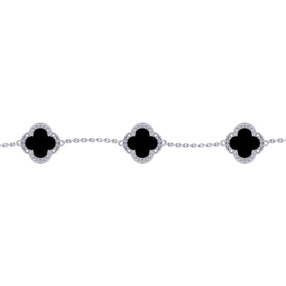 Silver  Clover Onyx CZ Halo Lucky Charm 5 Bracelet 7-8.5" - ABB249