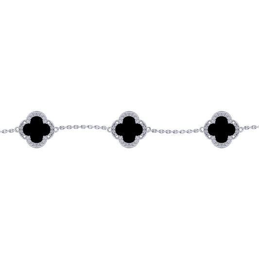 Silver  Clover Onyx CZ Halo Lucky Charm 5 Bracelet 7-8.5" - ABB249