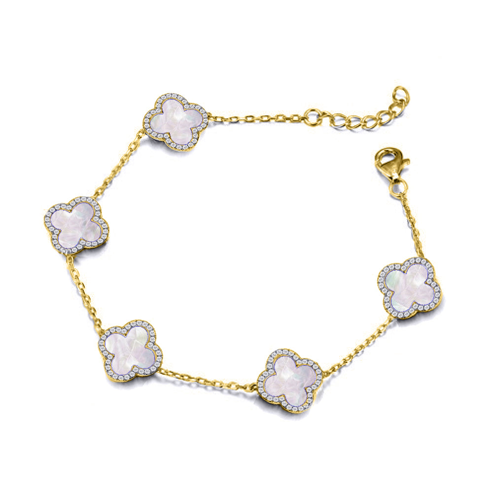 Gold-plated Silver  Clover Mother of Pearl CZ Bracelet 7-8.5" - ABB250-GP