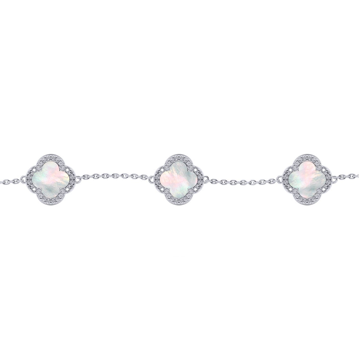 Silver  Clover Mother of Pearl CZ Lucky Charm 5 Bracelet 7-8.5" - ABB250