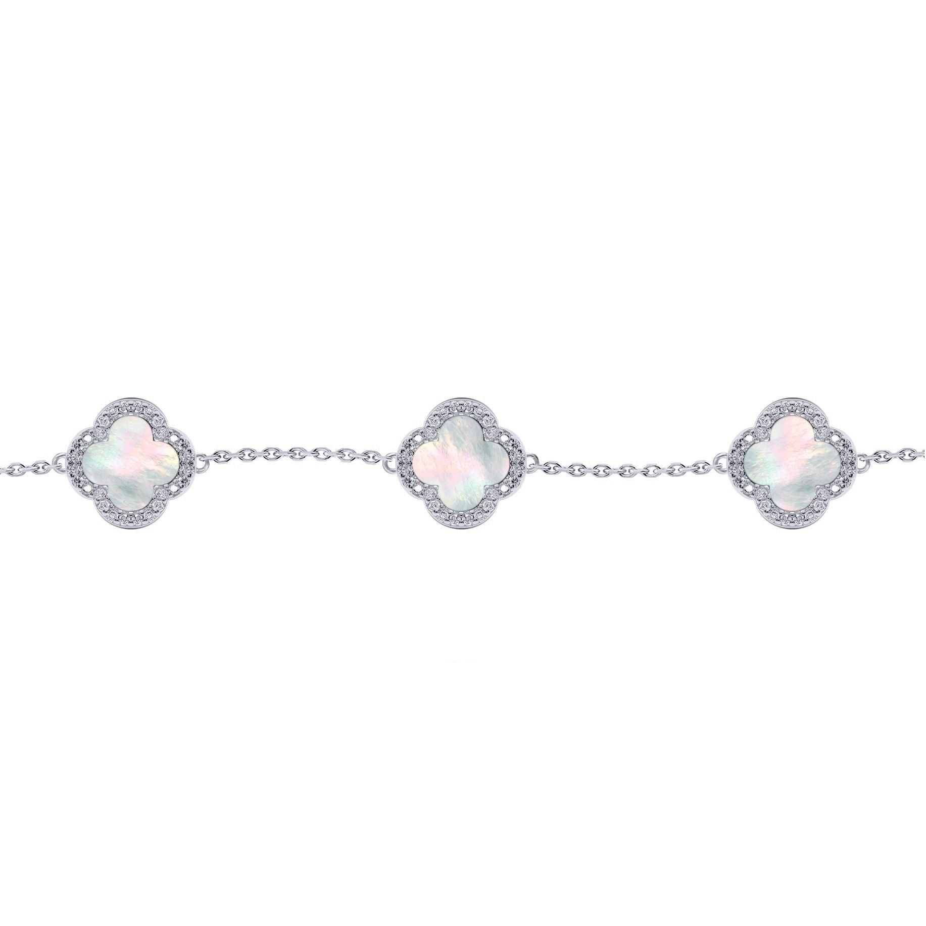 Silver  Clover Mother of Pearl CZ Lucky Charm 5 Bracelet 7-8.5" - ABB250