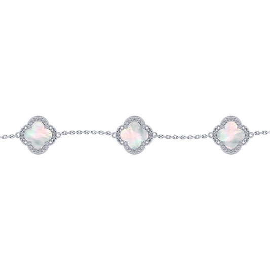 Silver  Clover Mother of Pearl CZ Lucky Charm 5 Bracelet 7-8.5" - ABB250