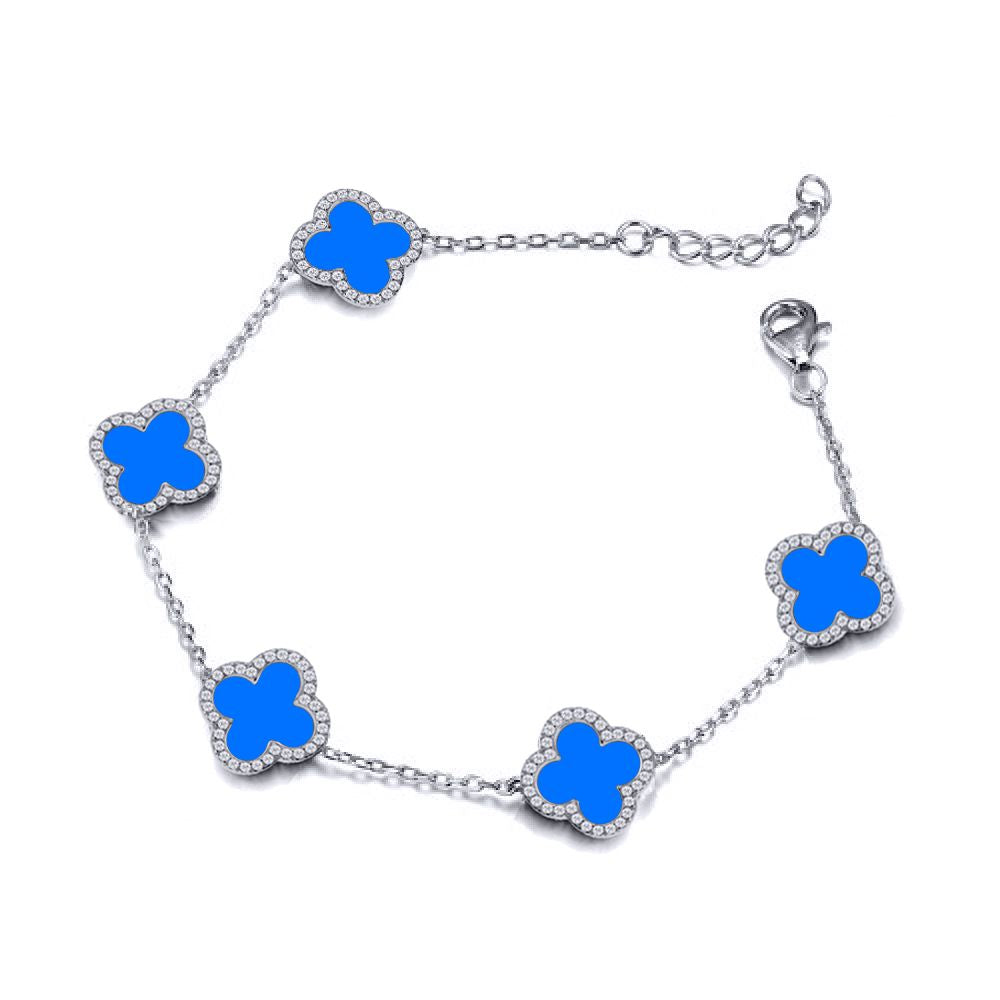 Silver  Clover Agate CZ Halo Lucky Charm 5 Bracelet 7-8.5" - ABB251