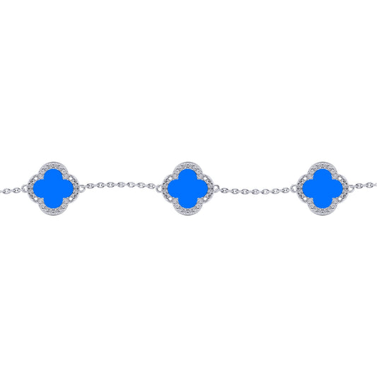 Silver  Clover Agate CZ Halo Lucky Charm 5 Bracelet 7-8.5" - ABB251