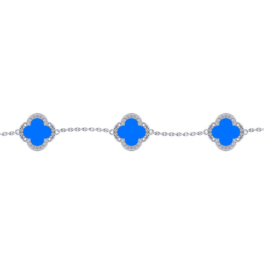 Silver  Clover Agate CZ Halo Lucky Charm 5 Bracelet 7-8.5" - ABB251
