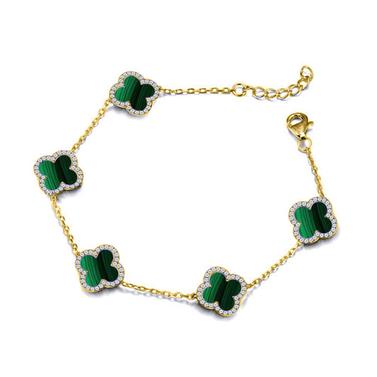 Gold-plated Silver  Clover Malachite CZ Charm Bracelet 7-8.5" - ABB252-GP