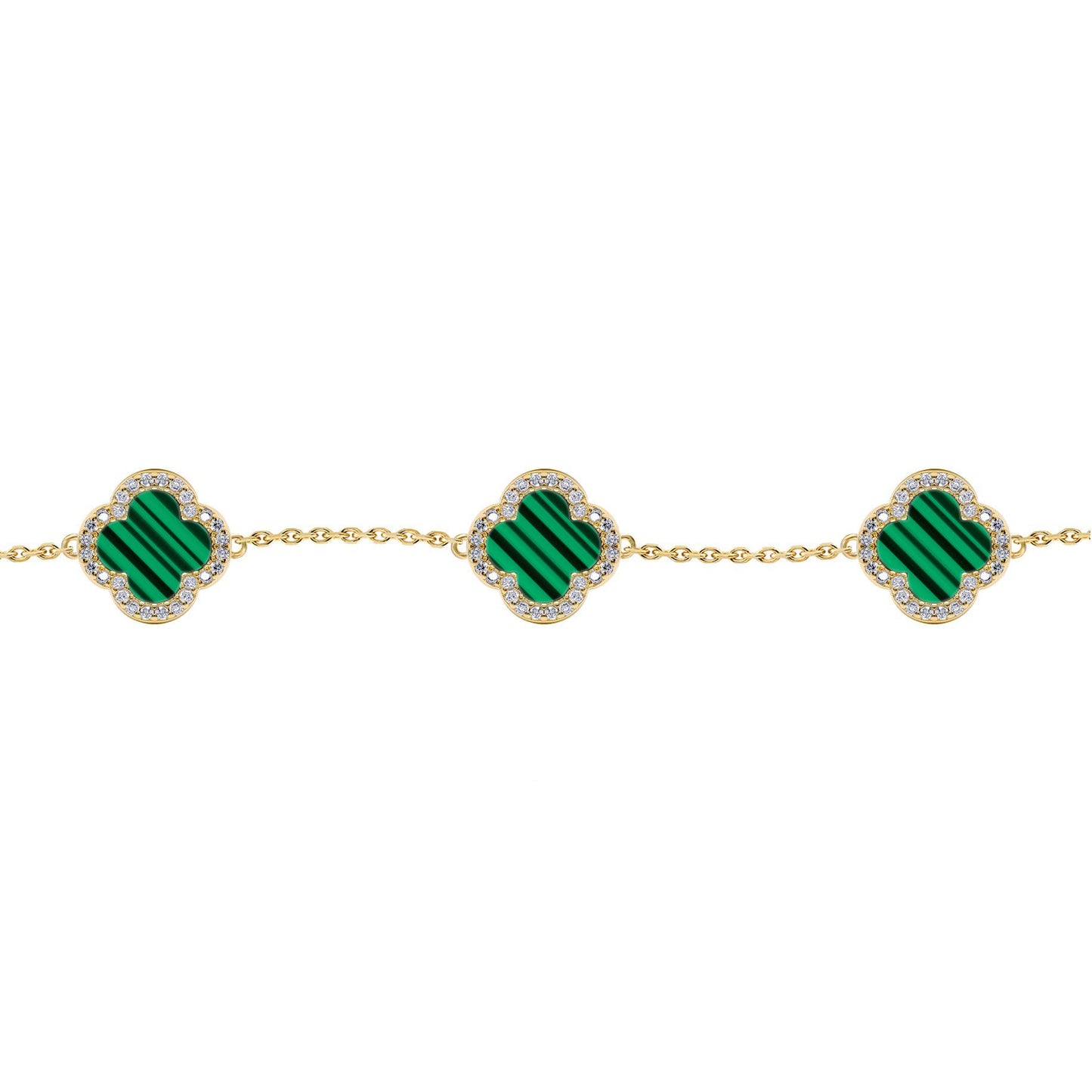 Gold-plated Silver  Clover Malachite CZ Charm Bracelet 7-8.5" - ABB252-GP