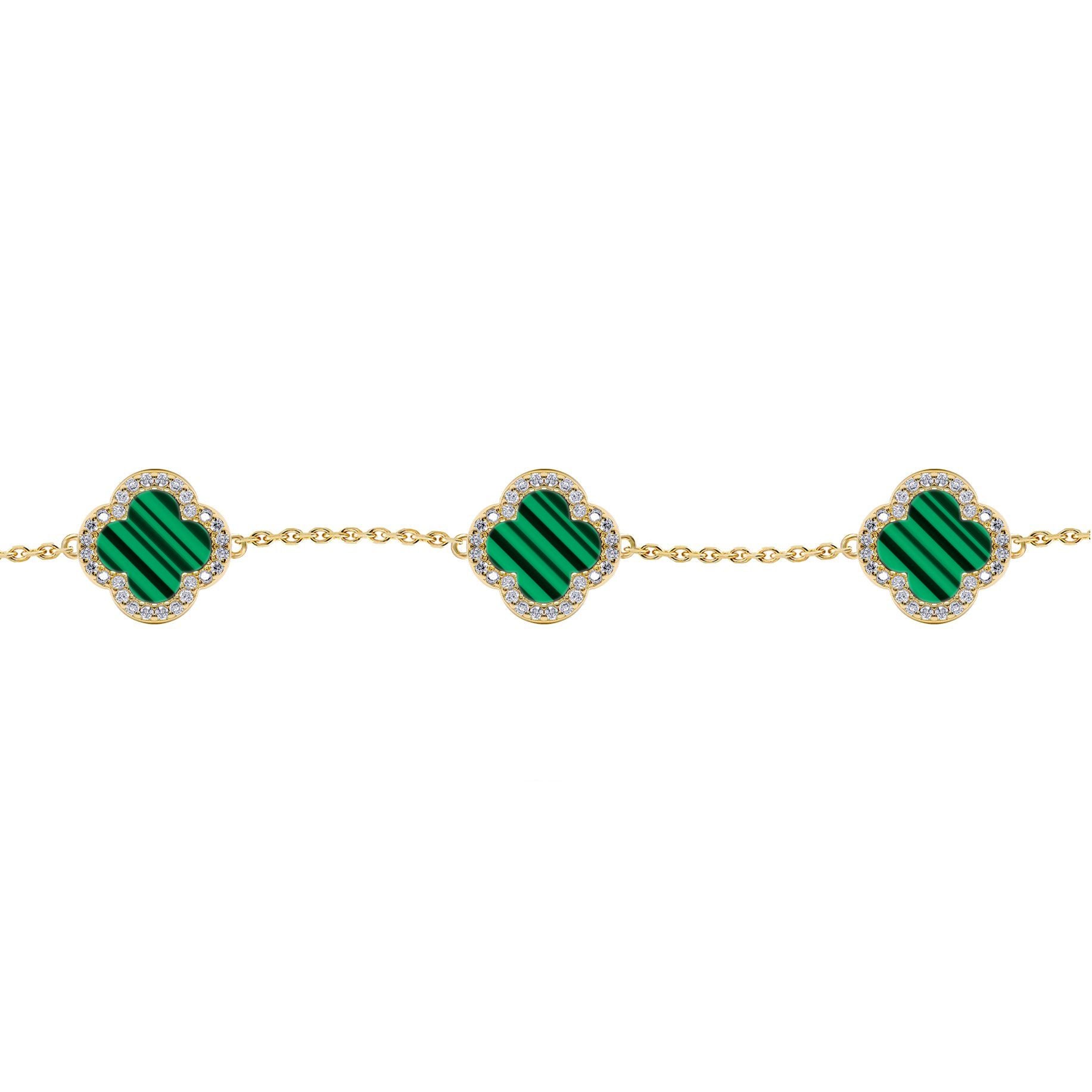 Gold-plated Silver  Clover Malachite CZ Charm Bracelet 7-8.5" - ABB252-GP