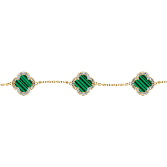Gold-plated Silver  Clover Malachite CZ Charm Bracelet 7-8.5" - ABB252-GP