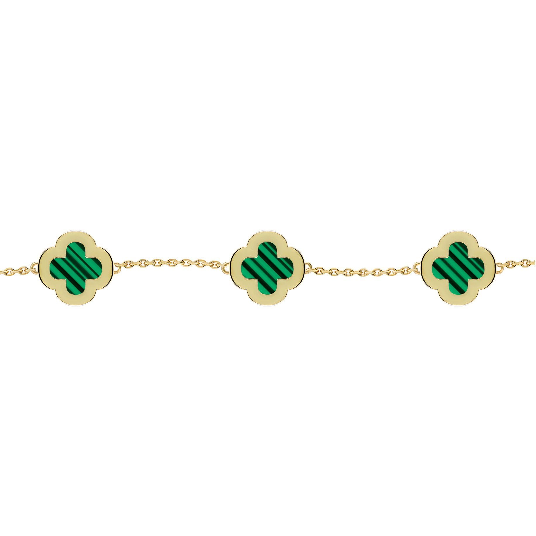 Gold-plated Silver  Clover Malachite CZ Charm Bracelet 7-8.5" - ABB252-GP