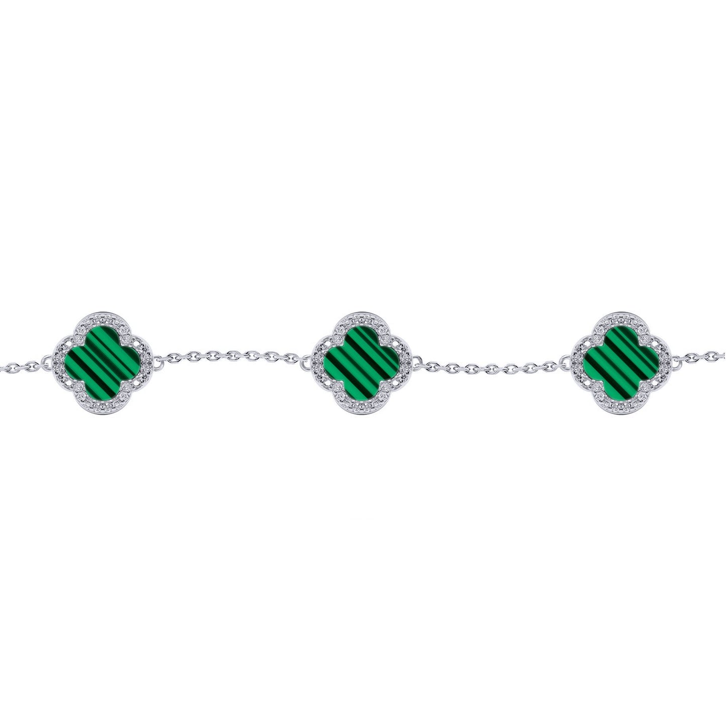 Silver  Clover Malachite CZ Halo Lucky Charm 5 Bracelet 7-8.5" - ABB252