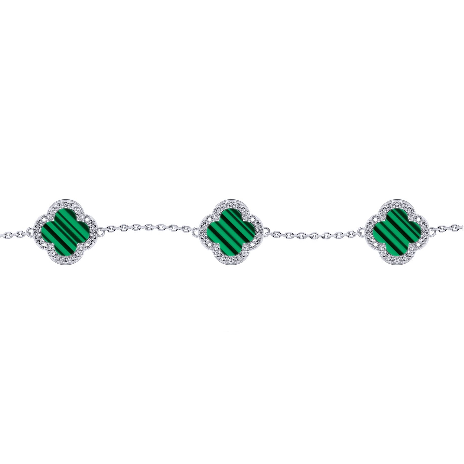 Silver  Clover Malachite CZ Halo Lucky Charm 5 Bracelet 7-8.5" - ABB252